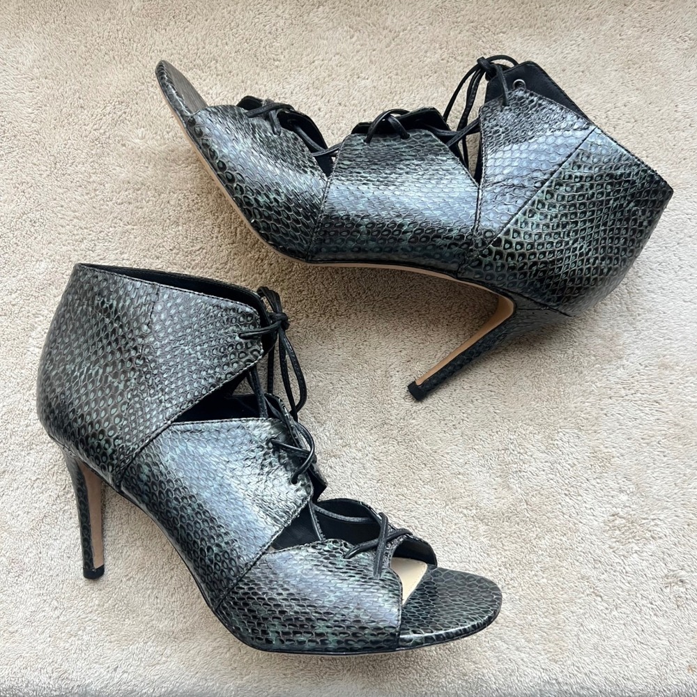 Via Spiga Women 8M 39 Green Snakeskin Lace Up Gladiator Stiletto Shootie‎ Heels
